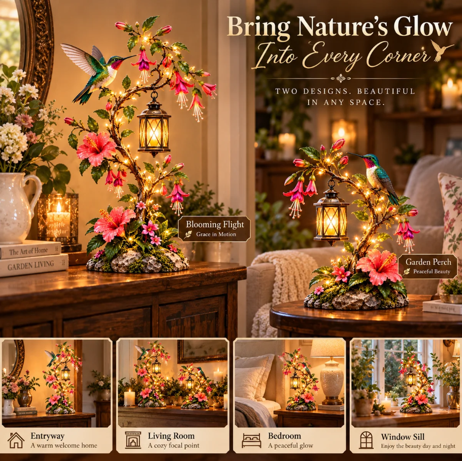 🌺 Hummingbird Garden Lantern Light | Lighted Floral Table Decor