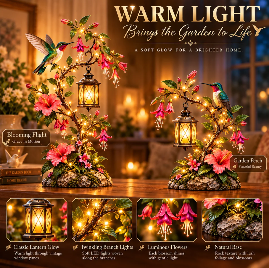 🌺 Hummingbird Garden Lantern Light | Lighted Floral Table Decor