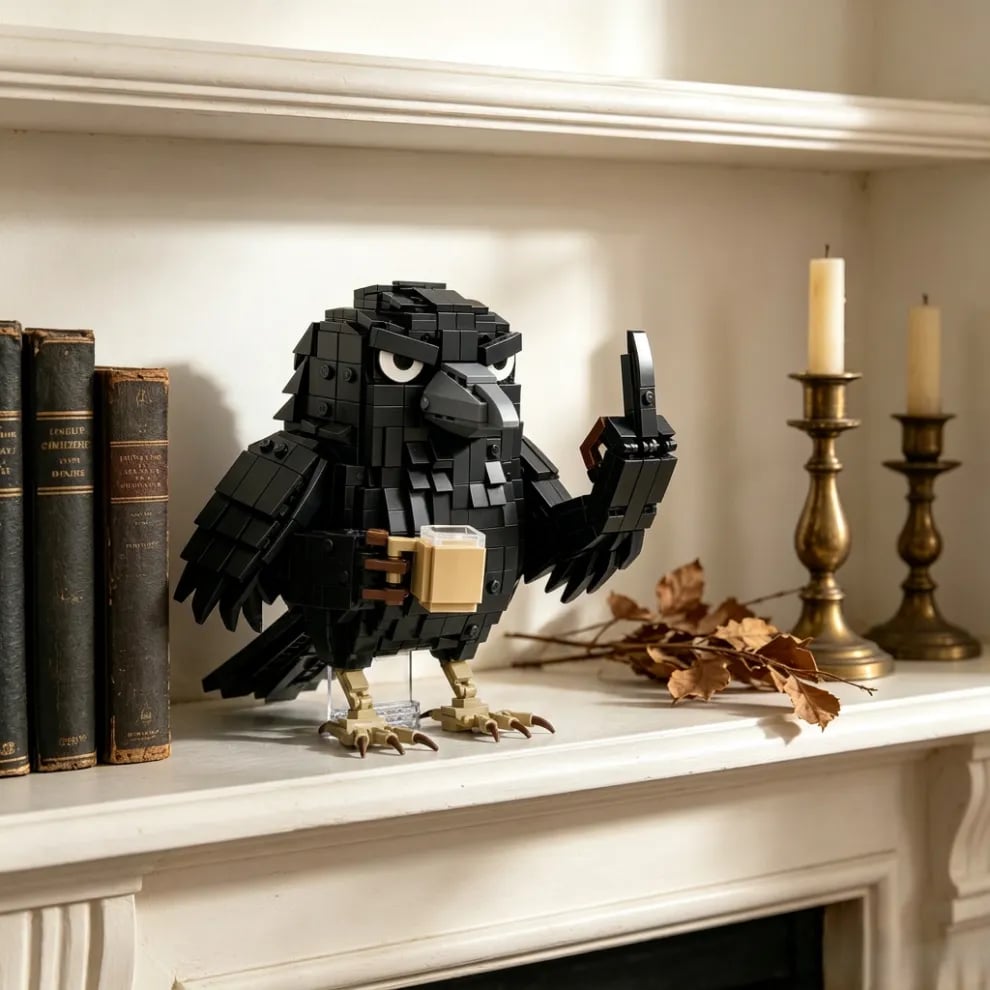 🐦‍⬛ Sarcastic Coffee Crow™ Building Block Set – Funny Do Not Disturb Desk Decor