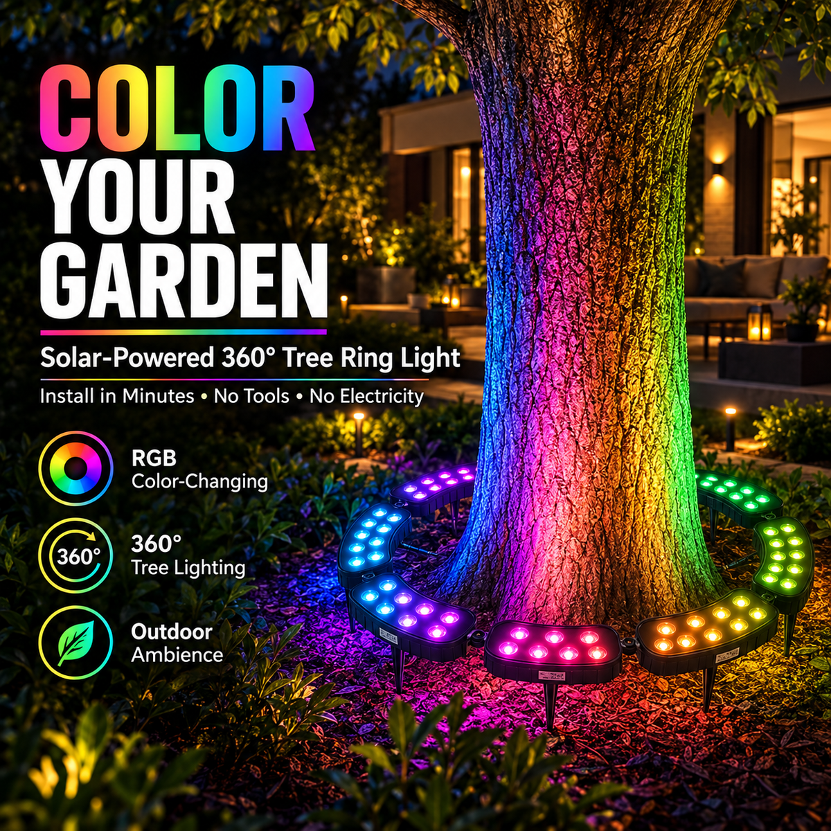 🏡🌈 Solar RGB Tree Ring Light – 7-Color Outdoor Landscape Uplighting