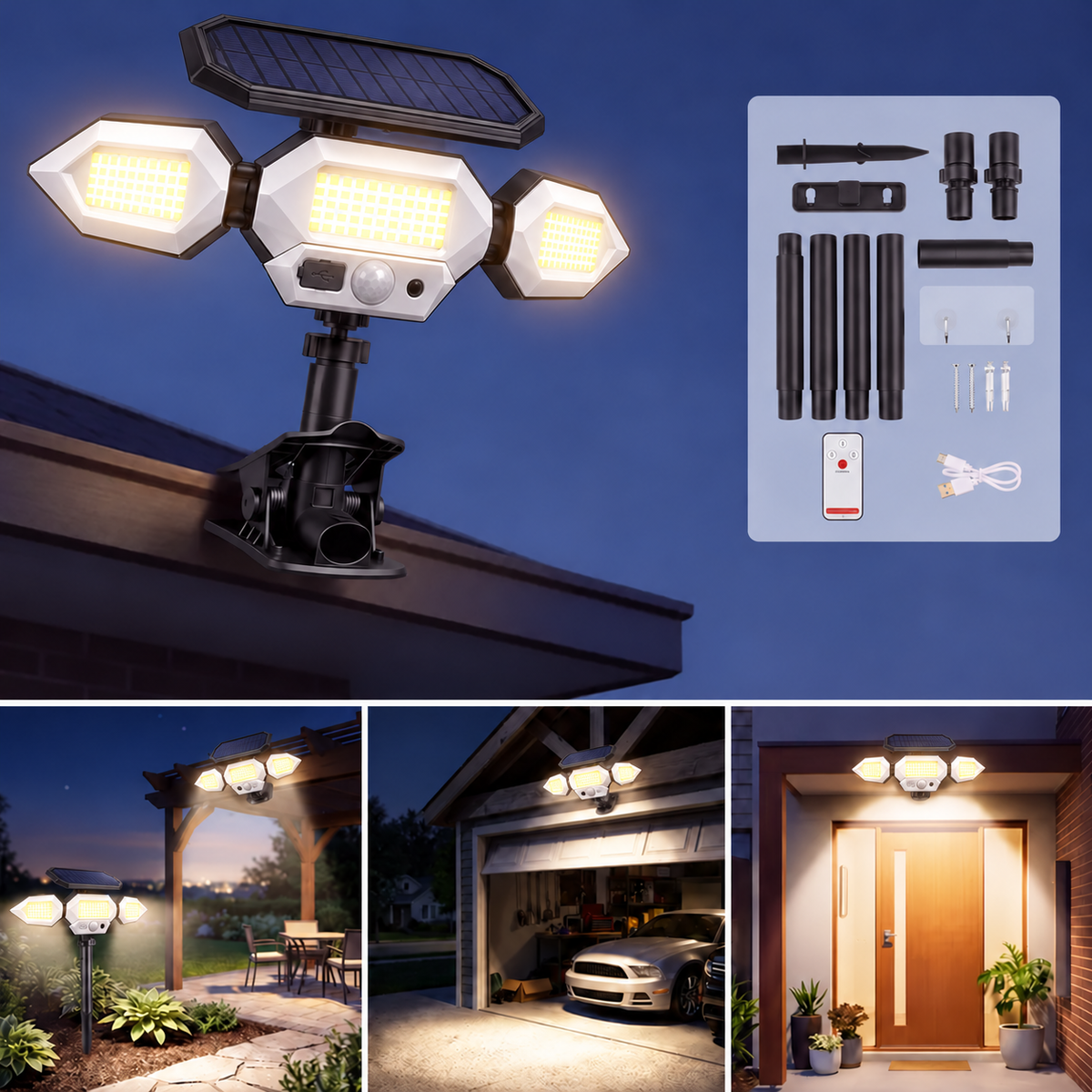 ☀️ Clip-On Solar Motion Sensor Light – 3-Head Lighting, Remote Control & USB-C Charging