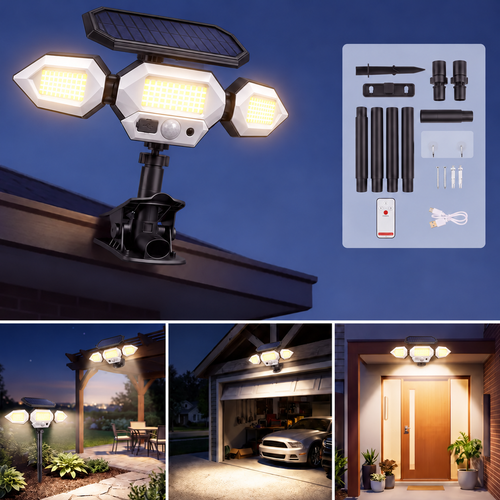 ☀️ Clip-On Solar Motion Sensor Light – 3-Head Lighting, Remote Control & USB-C Charging