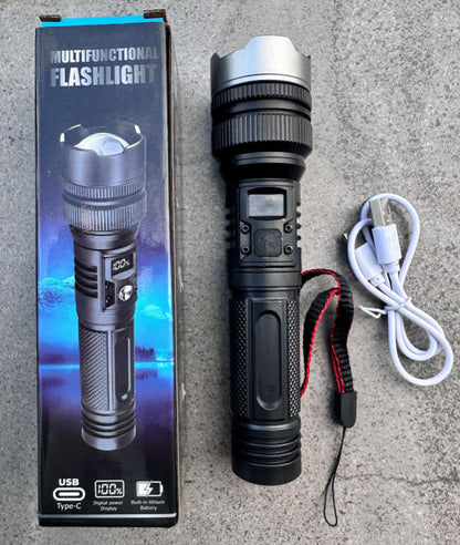 🔥BEST SALE🔦 High-power flashlight: features an aluminum alloy heat-dissipating head and a telescopic zoom design for powerful, concentrated light; also functions as a power bank and includes a digital battery level display⚡