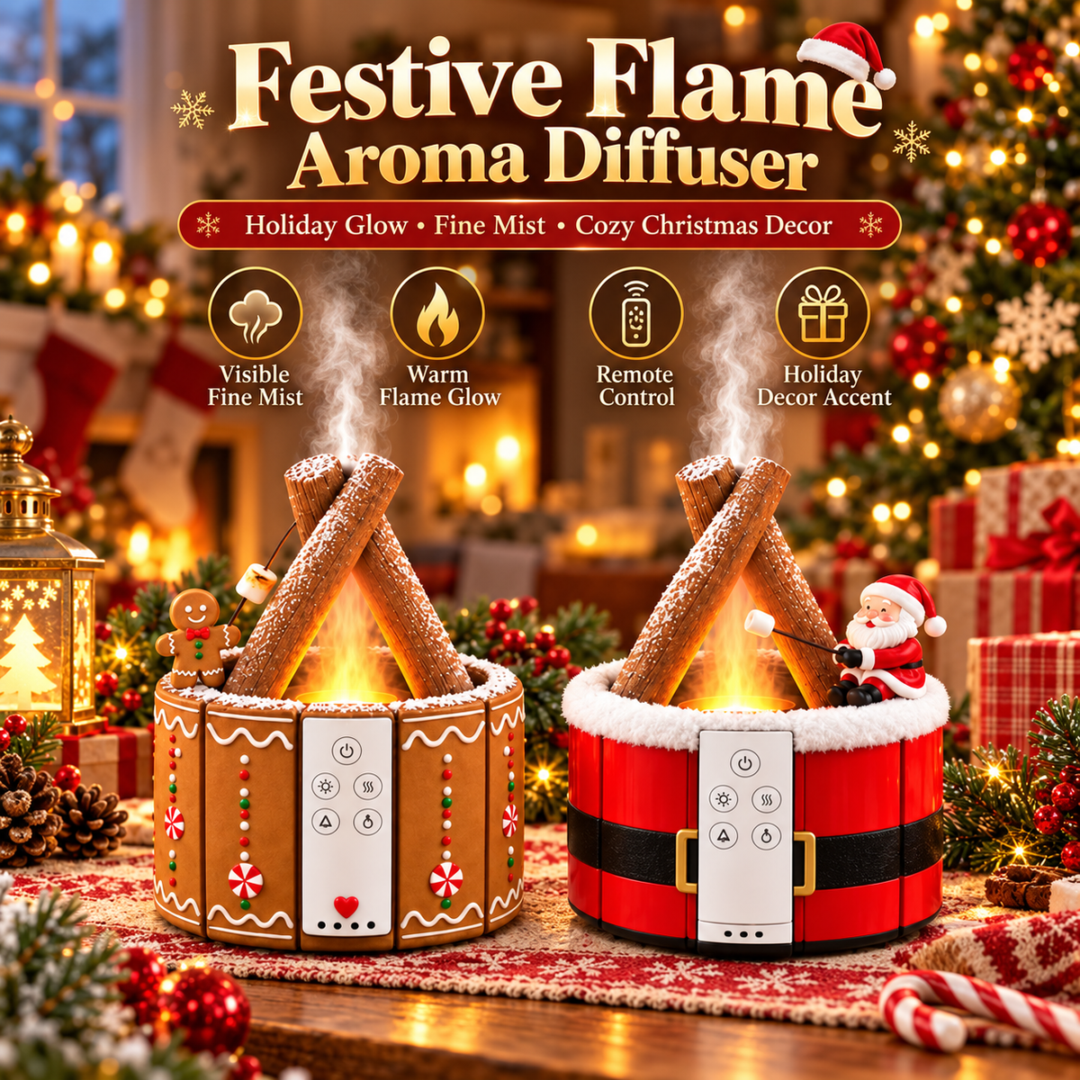 🎄🔥 Magical Christmas Campfire Aroma Diffuser – Realistic Flame-Effect Mist & Cozy Holiday Glow 🎅🍪