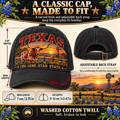 ⏳ Last Day 49% OFF – 🤠 Texas Lone Star Longhorn Cap | Cotton-Poly Blend • Detailed Embroidery • Adjustable Fit