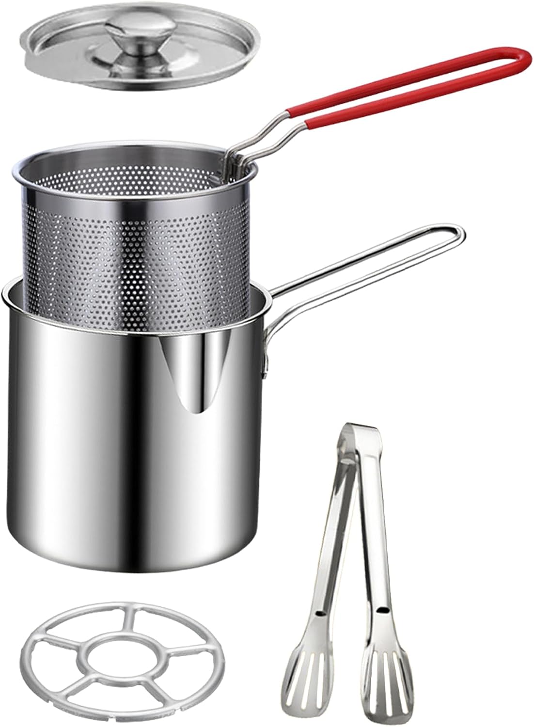 🥩Personal Mini Deep Fryer Set – Stainless Steel Pot with Lift-Out Draining Basket & Food Tongs