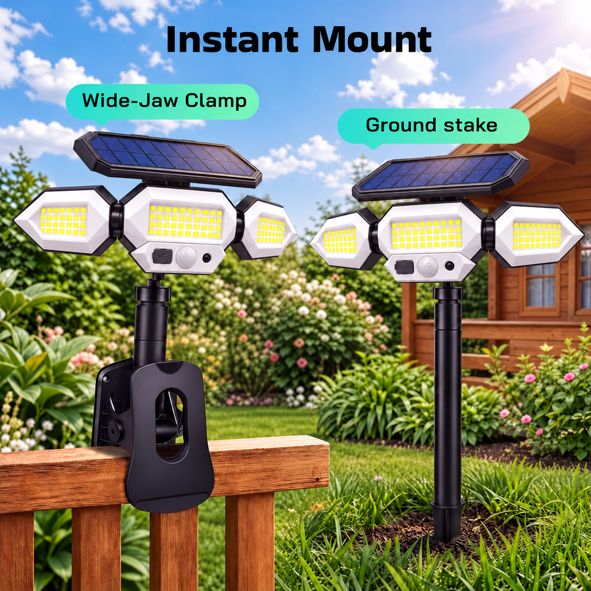 ☀️ Clip-On Solar Motion Sensor Light – 3-Head Lighting, Remote Control & USB-C Charging