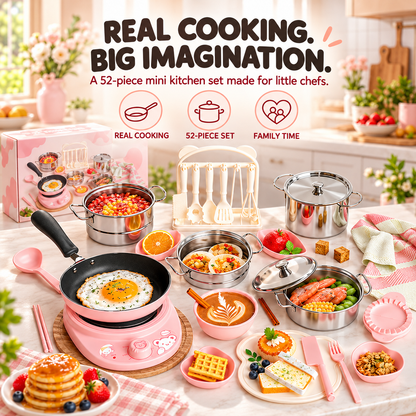 52-Piece Kids’ Mini Real-Cooking Kitchen Set with Electric Stove & Cookware