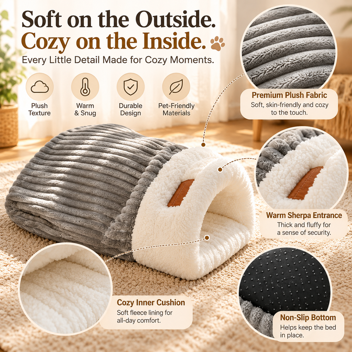 🐾 Cozy Cave Dog Bed – Plush Sherpa Hideaway with Soft Cushion & Non-Slip Bottom
