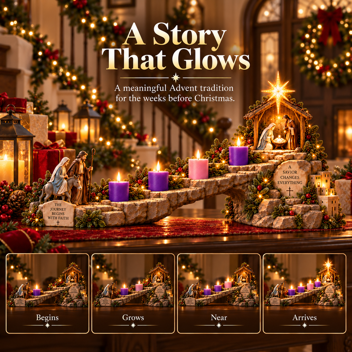 🕊️  ✝️ Journey to Bethlehem – 4-Week Lighted Advent Nativity Countdown