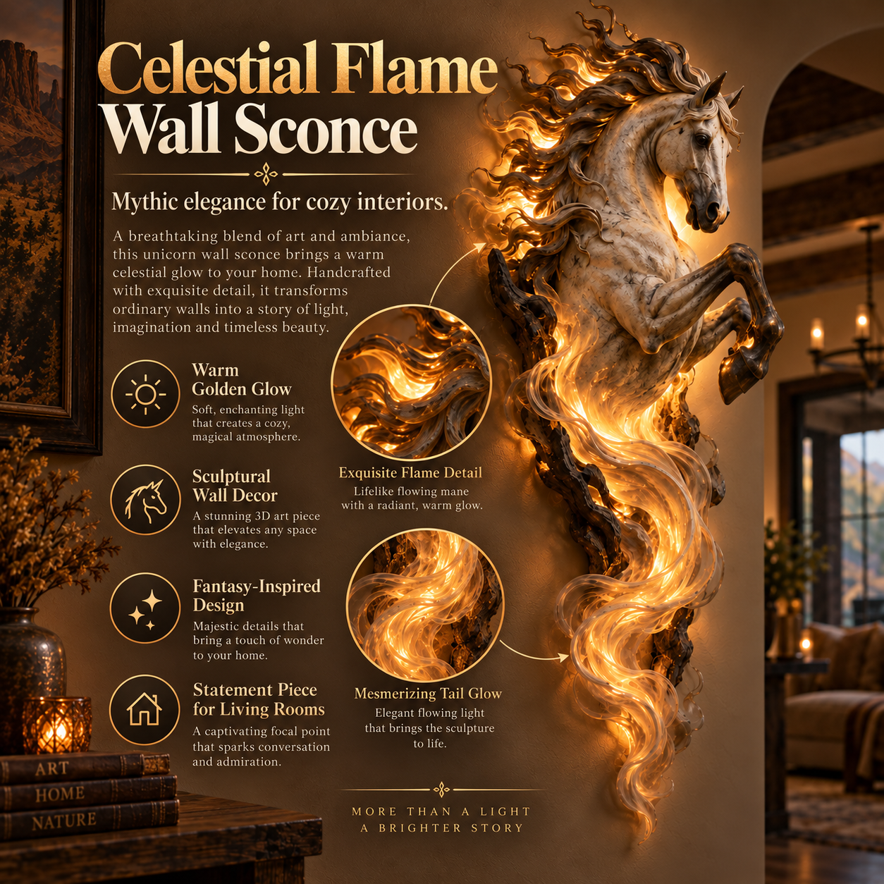 Close-up promotional image of unicorn wall sconce glowing mane and flowing tail