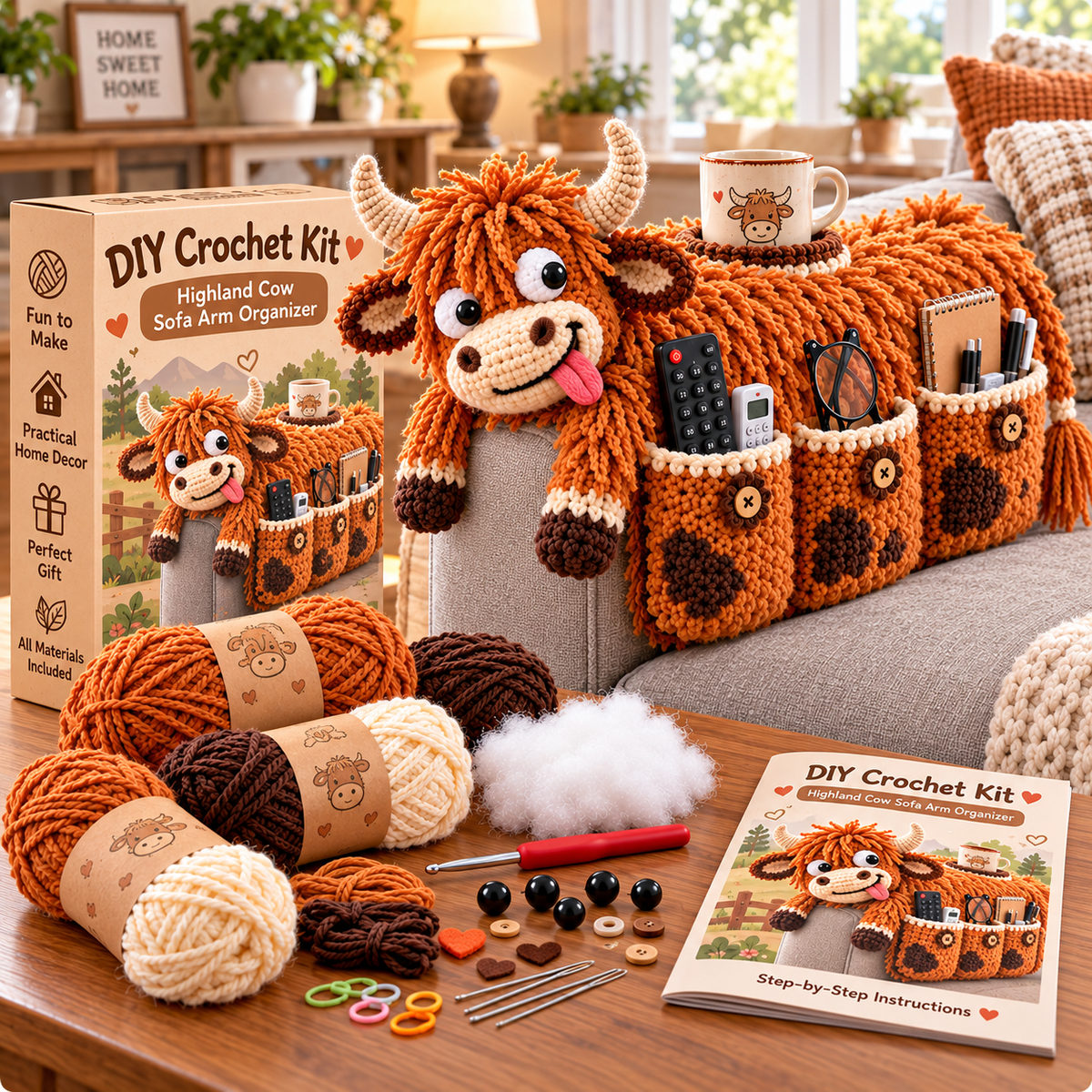 🧶😂 Couch Cuddlers™ DIY Crochet Kit – Funny Animal Sofa Armrest Organizer with 3 Handy Pockets 🛋️❤️