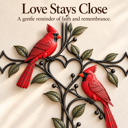 ❤️ Love Stays Close – Cardinal Heart Cross Wall Decor
