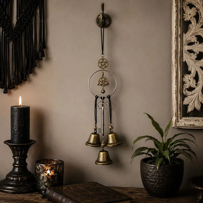 🌙 Vintage Witch Bells – Pentagram & Key Hanging Door Chime 🔔