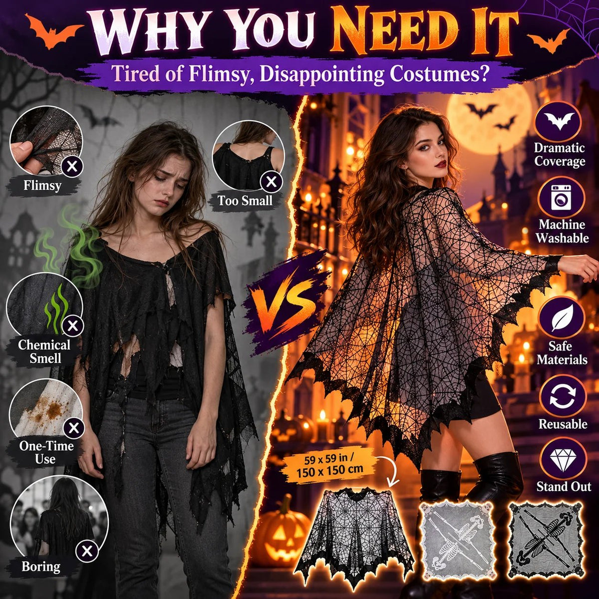 🕸️ Spider Web Bat Wing Halloween Cape – 150 × 150 cm Gothic Costume Shawl