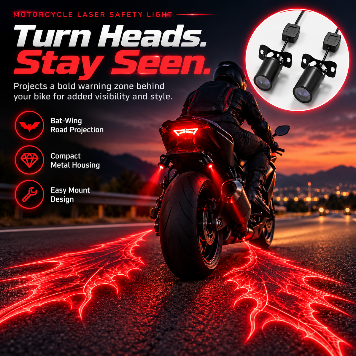 🏍️🦇 Motorcycle Bat-Wing Laser Projection Lights – Bold Red Ground Effect, Dual Adjustable Projectors 🔥