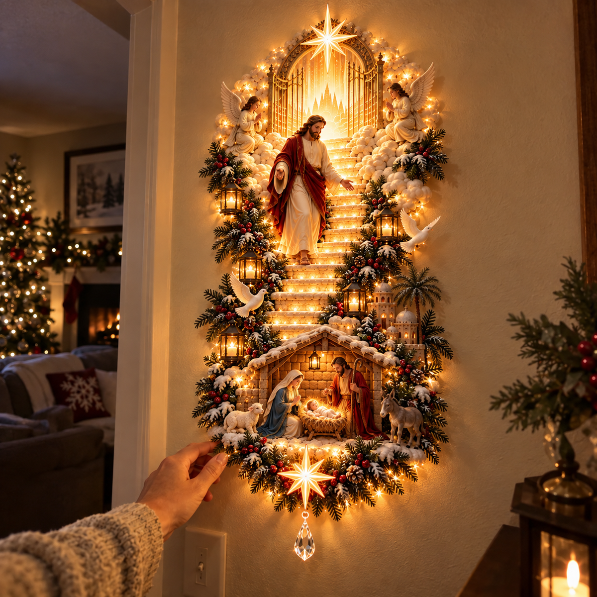 ✝️Jesus Light of Heaven Christmas Wall Hanging | Illuminated Nativity Stairway Decor ✨