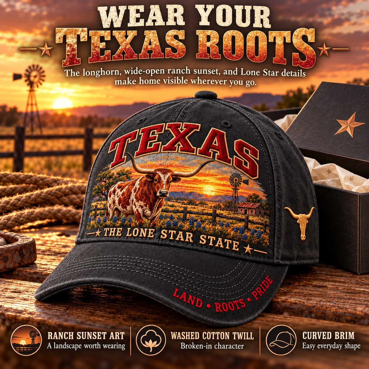 ⏳ Last Day 49% OFF – 🤠 Texas Lone Star Longhorn Cap | Cotton-Poly Blend • Detailed Embroidery • Adjustable Fit