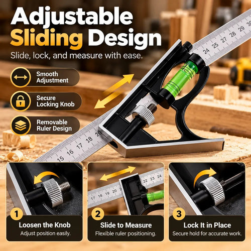 🔨Precision Combination Square Tool – 300mm Adjustable Carpenter Square with Built-In Level & Scriber for Woodworking DIY Projects