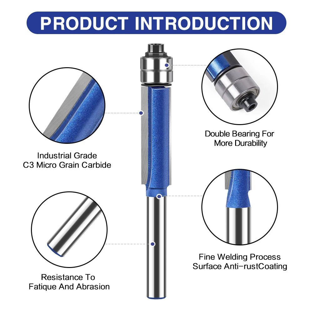 🪵 4-Piece Flush Trim Router Bits – Dual Bearings, 1/4" Shank