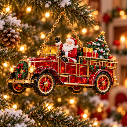 2026 Vintage Fire Truck Christmas Ornaments – Set of 6 | Stained-Glass Style with Festive Holiday Scenes & Golden Accents