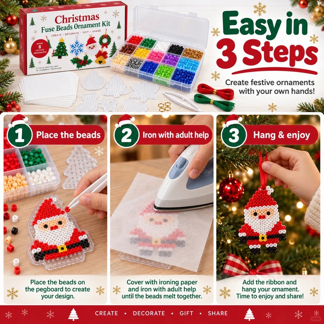 🎁LAST DAY 50% OFF-🎄 Christmas Fuse Beads Ornament Kit – 8 Festive Designs for Kids & Adults