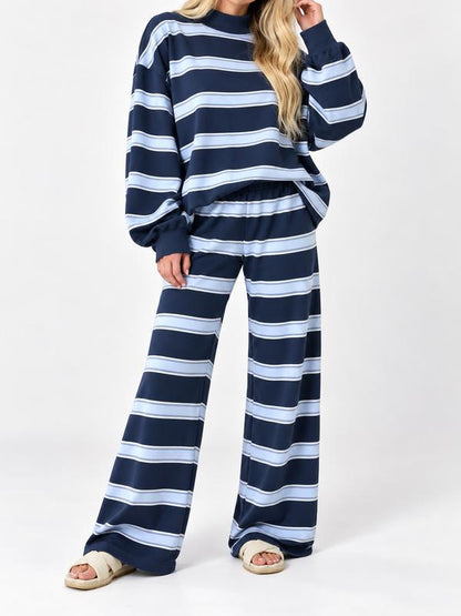 🔥Women’s Striped Mock Neck Long-Sleeve Top & Wide-Leg Pants Set