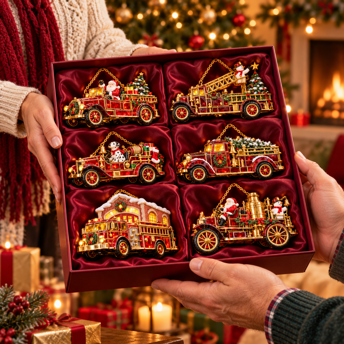 2026 Vintage Fire Truck Christmas Ornaments – Set of 6 | Stained-Glass Style with Festive Holiday Scenes & Golden Accents