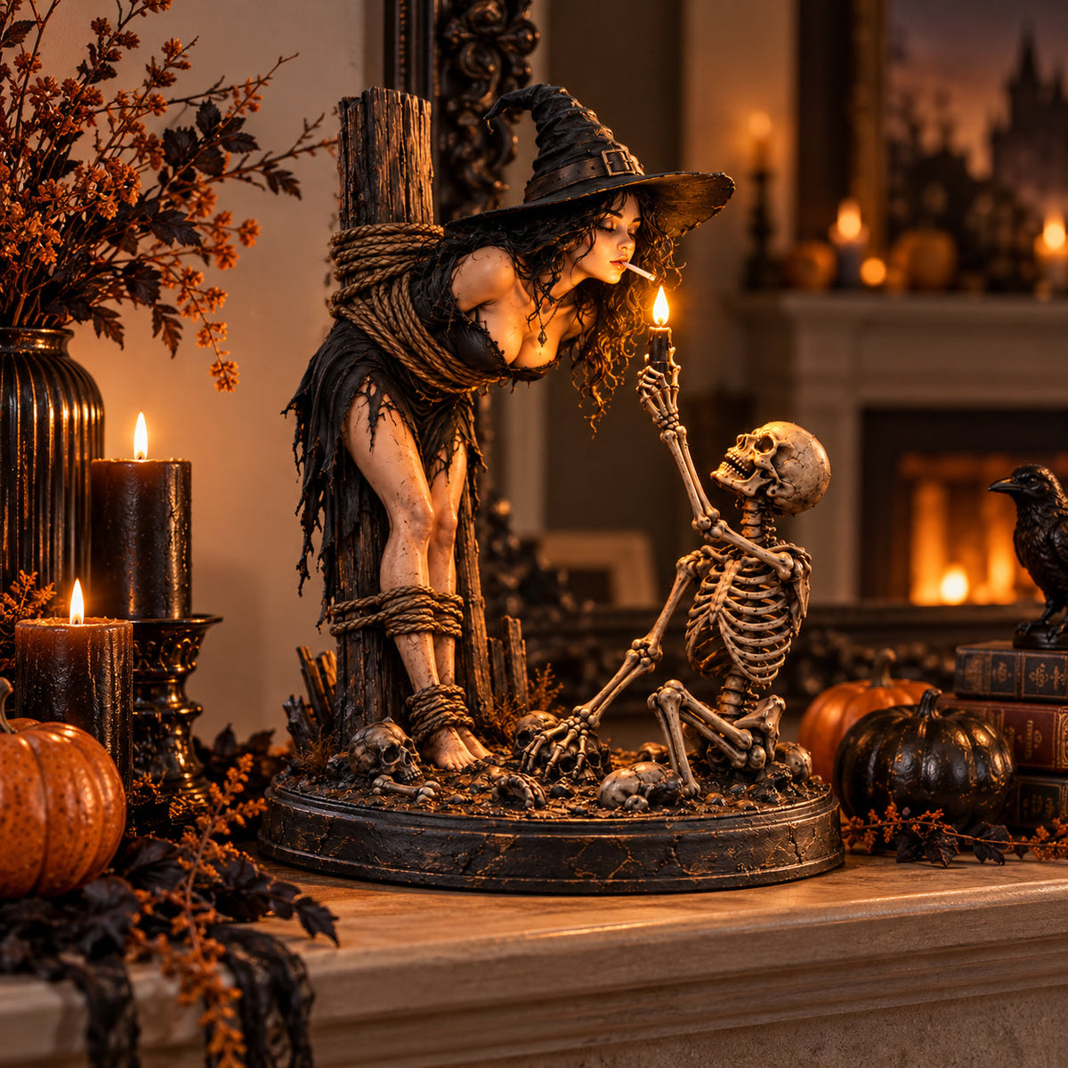 Witch & Skeleton Candle Scene Figurine – Gothic Halloween Tabletop Decor