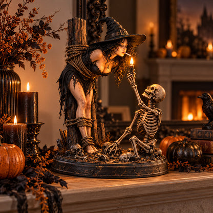 Witch & Skeleton Candle Scene Figurine – Gothic Halloween Tabletop Decor