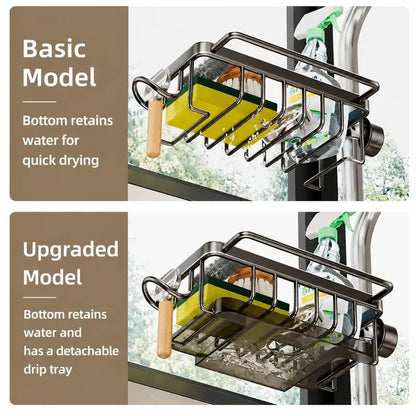 Stainless Steel Hanging Faucet Caddy, Sink Sponge Holder with Drip Tray for Kitchen & Bathroom