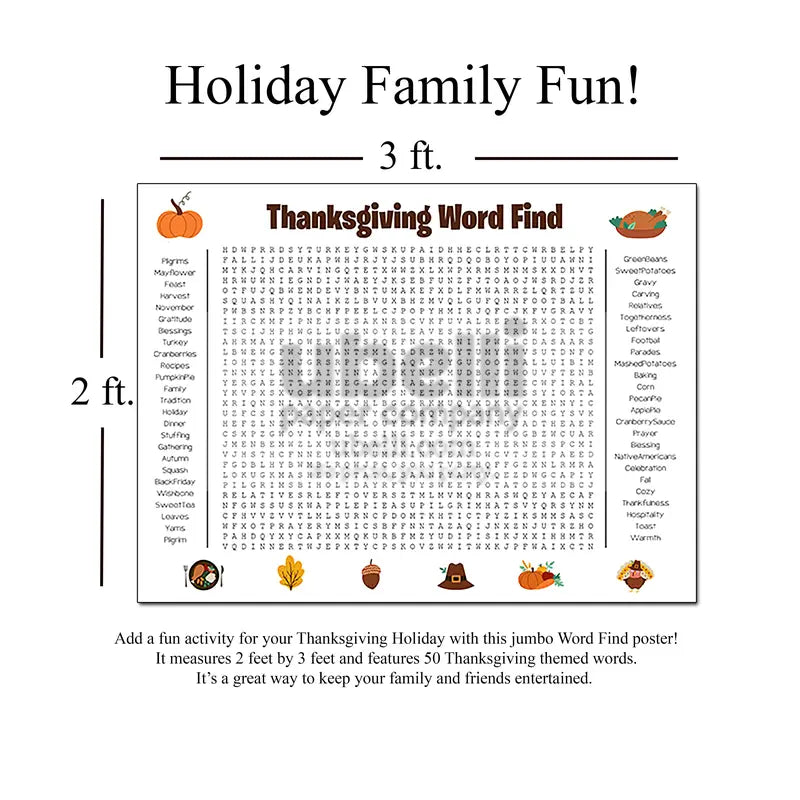 🔥Last Day: Buy 2 Get 1 Free - 🎉 Jumbo Thanksgiving Word Search Poster(🎉Giant 36'x24' Wall Game)