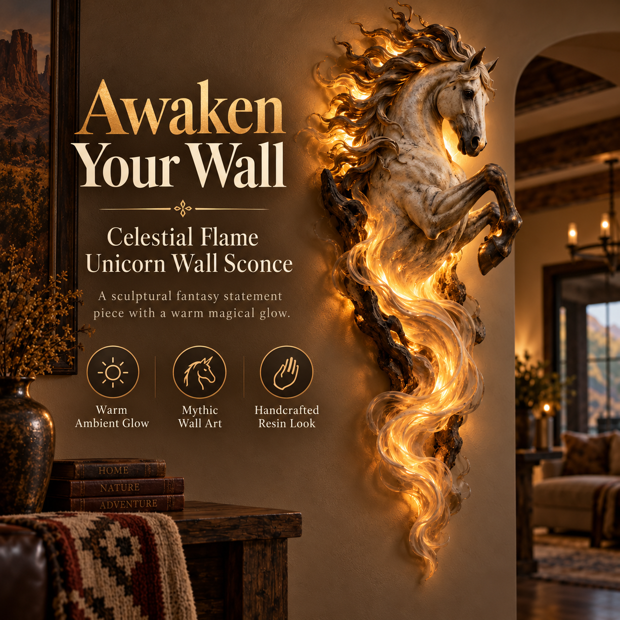 Unicorn wall sculpture with three-dimensional mane, tail and raised front hooves