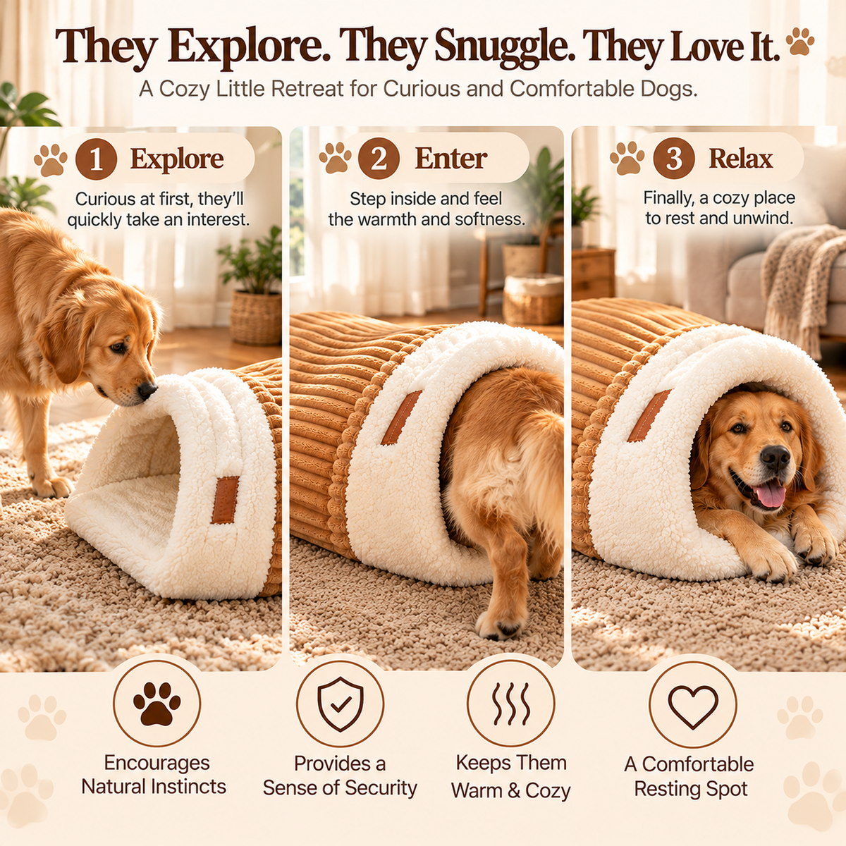 🐾 Cozy Cave Dog Bed – Plush Sherpa Hideaway with Soft Cushion & Non-Slip Bottom