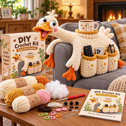 🧶😂 Couch Cuddlers™ DIY Crochet Kit – Funny Animal Sofa Armrest Organizer with 3 Handy Pockets 🛋️❤️