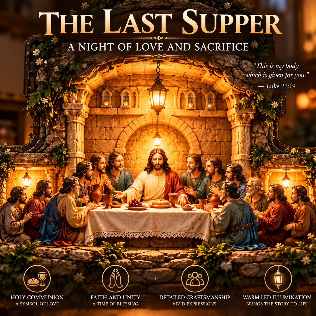 ✝️ He Is Risen – 3-Scene LED Wall Cross Lamp | Last Supper, Crucifixion & Resurrection