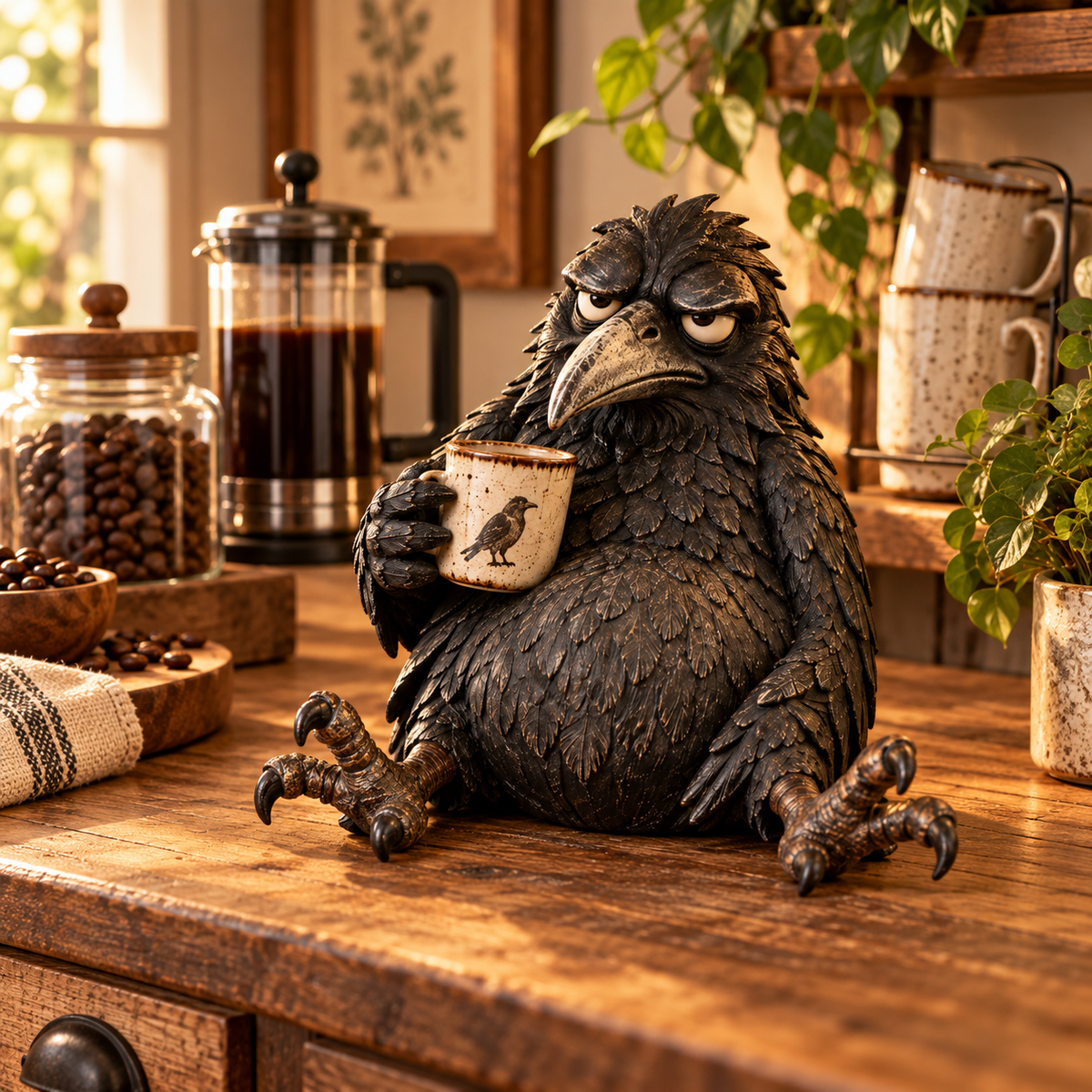 The Grumpy Coffee Raven – Rustic Vintage Coffee Lover Figurine