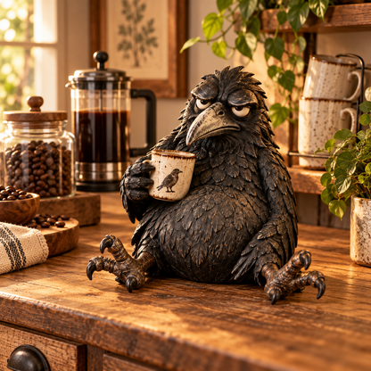 The Grumpy Coffee Raven – Rustic Vintage Coffee Lover Figurine