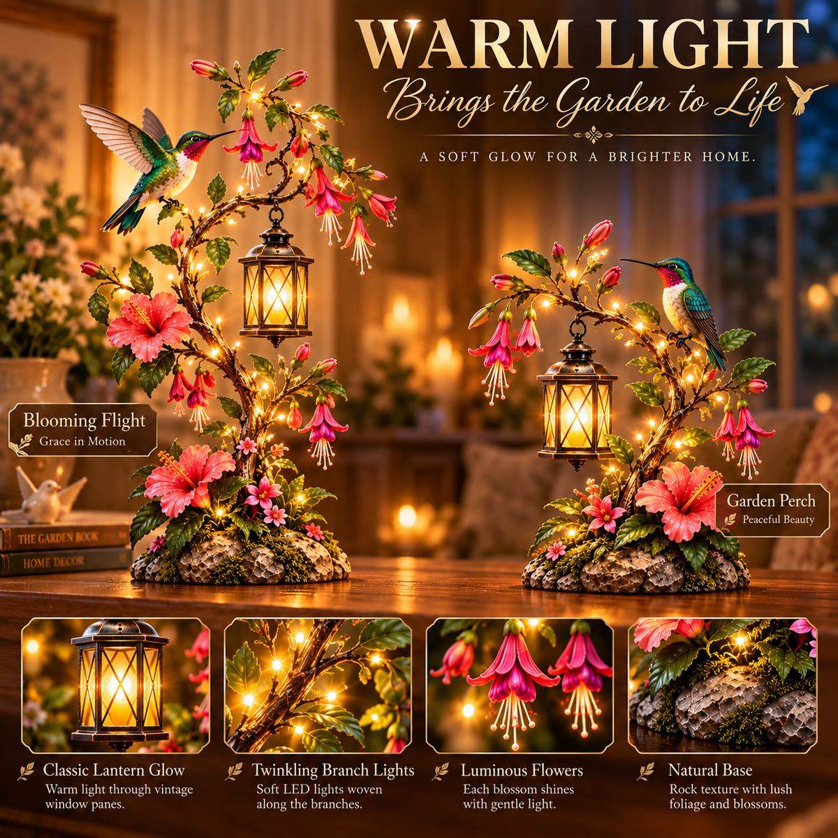 🌺 Hummingbird Garden Lantern Light | Lighted Floral Table Decor