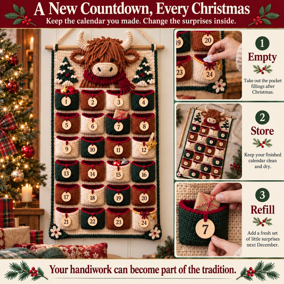 ⏳ Last Day 49% OFF – 🧶 DIY Crochet Advent Calendar Kit | 24 Refillable Pockets, 4 Christmas Characters & Complete Crochet Materials 🎄