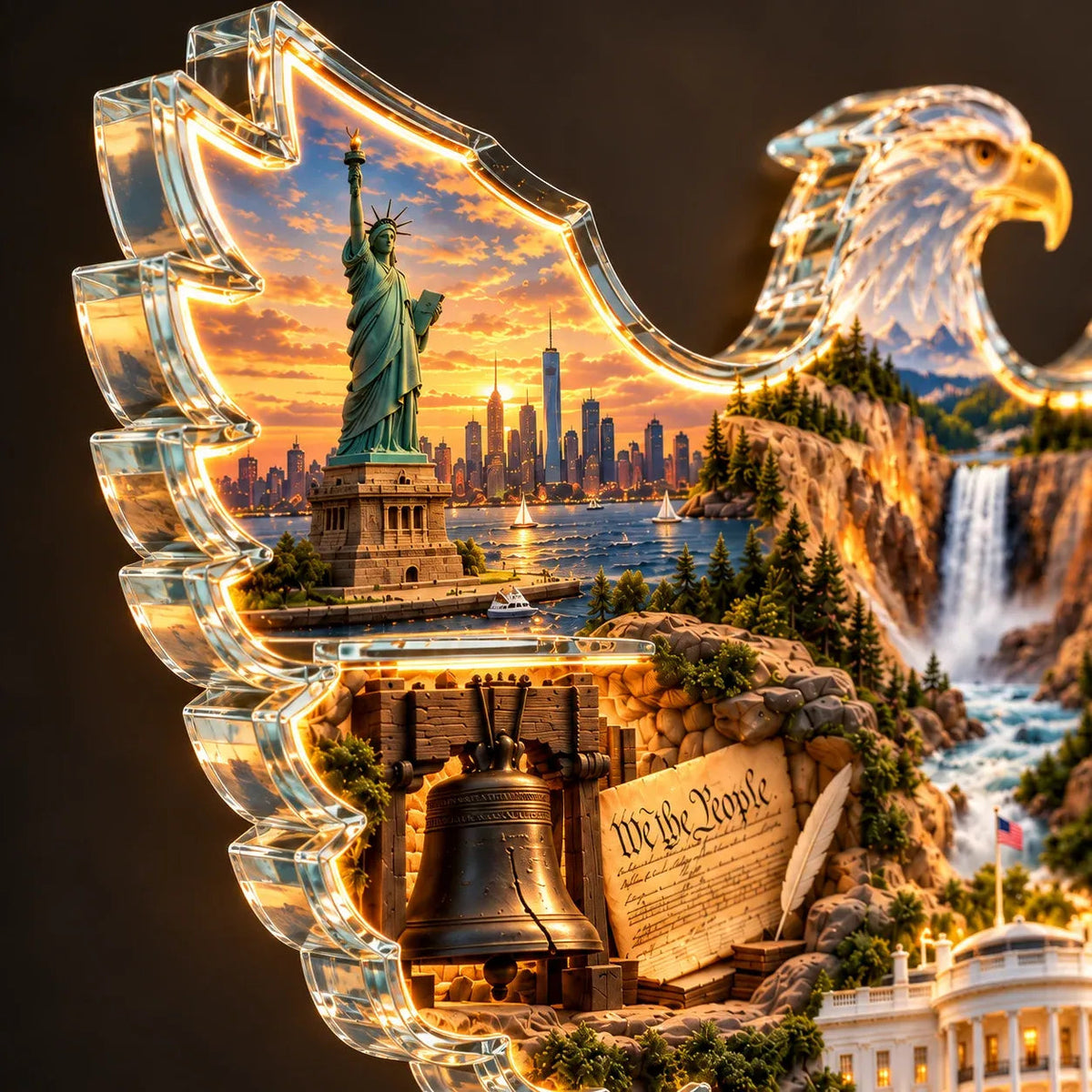 🦅 American Heritage Light-Up Eagle Wall Art – 6 Iconic U.S. Landmarks 🇺🇸