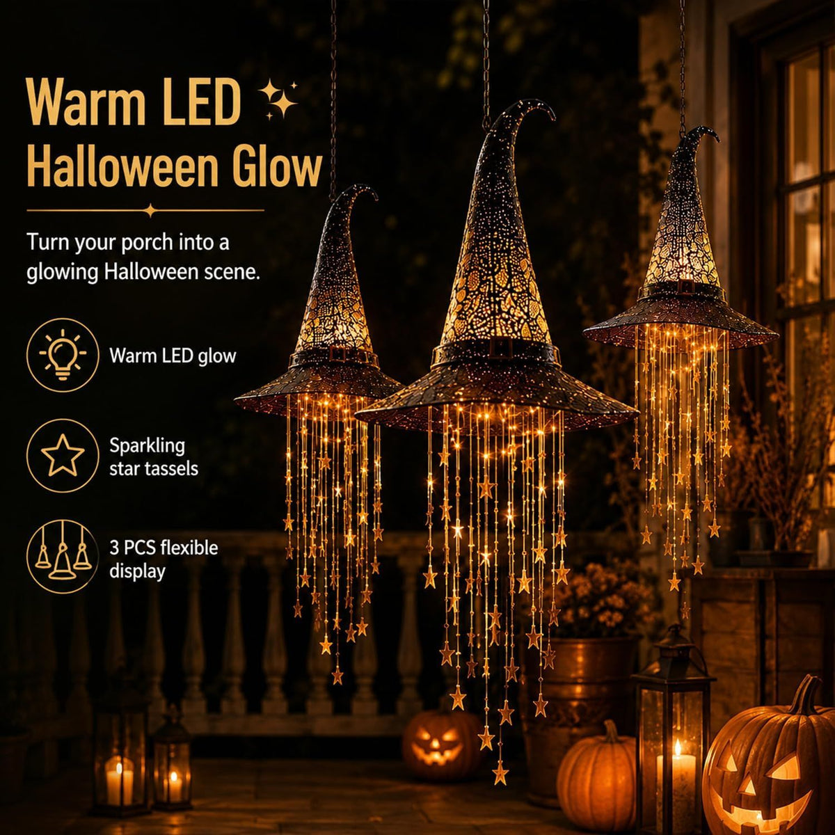 🔥LAST DAY 50% OFF-🪄Lighted Witch Hat Hanging Chime, Halloween Hanging Witch Hats with Lights