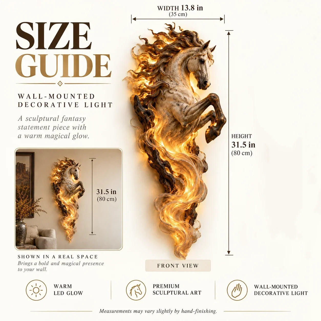 Unicorn wall sculpture size guide showing 31.5 inch height and 13.8 inch width