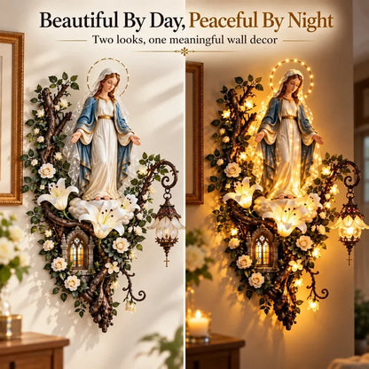 🕊️ Illuminated Virgin Mary Floral Wall Decor – Light-Up Marian Faith Wall Art