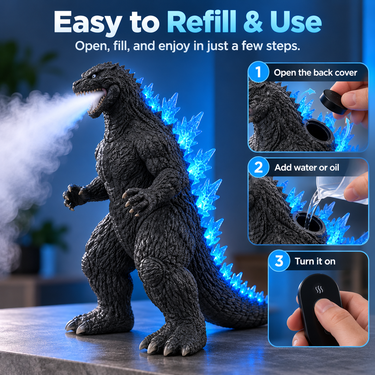 🌊💙 Kaiju Mist Diffuser Humidifier – Cool Mist, Blue LED Glow & Remote Control