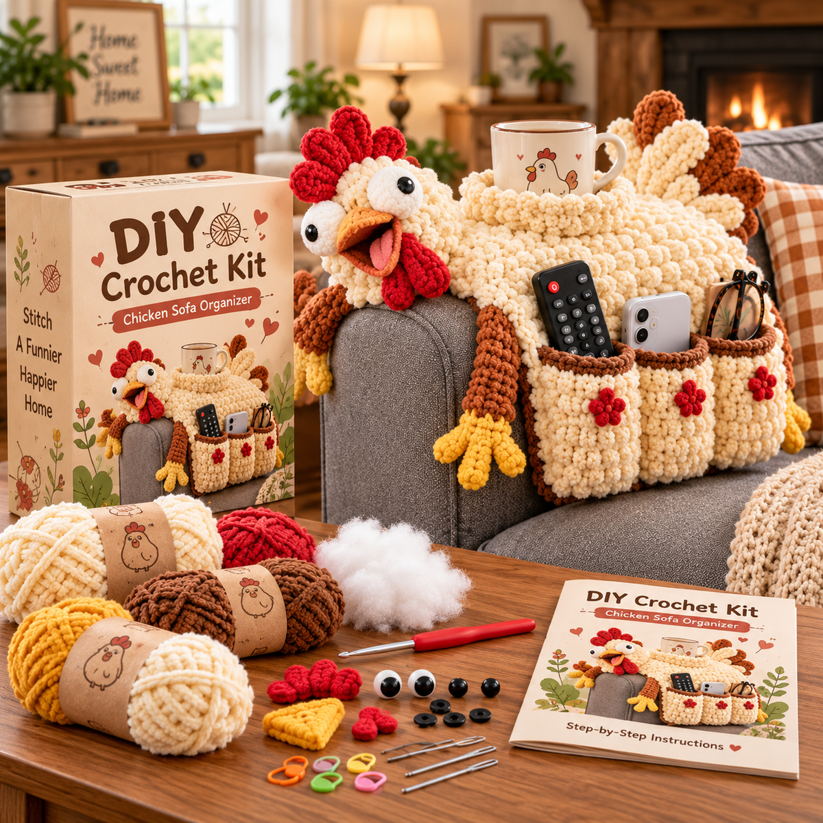🧶😂 Couch Cuddlers™ DIY Crochet Kit – Funny Animal Sofa Armrest Organizer with 3 Handy Pockets 🛋️❤️