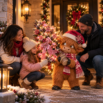 🎄🐮 Pinkmas Tree Bandit™ – Funny Lighted Highland Cow Carrying a Sparkling Pink Christmas Tree, Whimsical Holiday Porch Decor 🎀✨