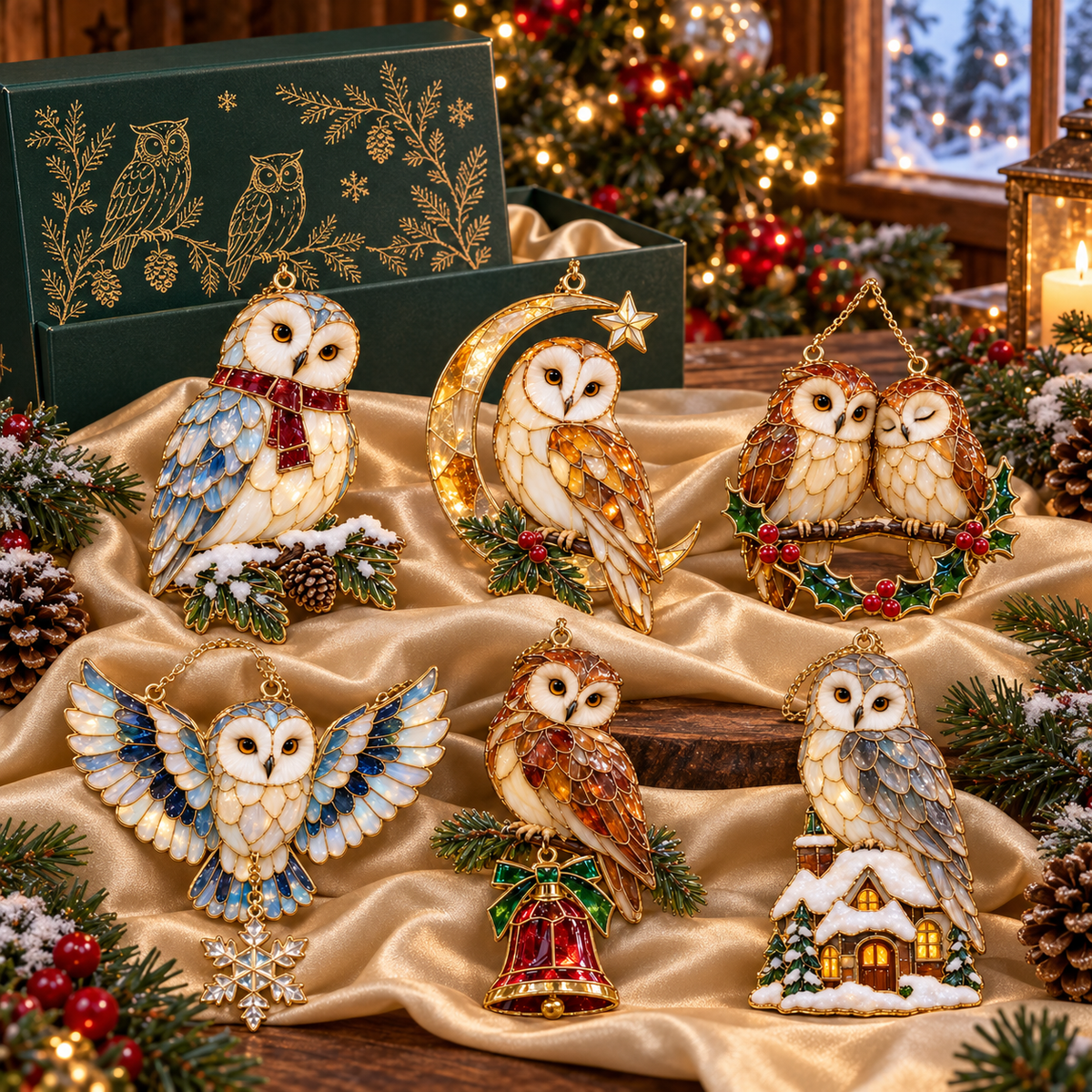 Woodland Christmas Owls – Vintage Stained Glass Style Christmas Ornaments, Set of 6