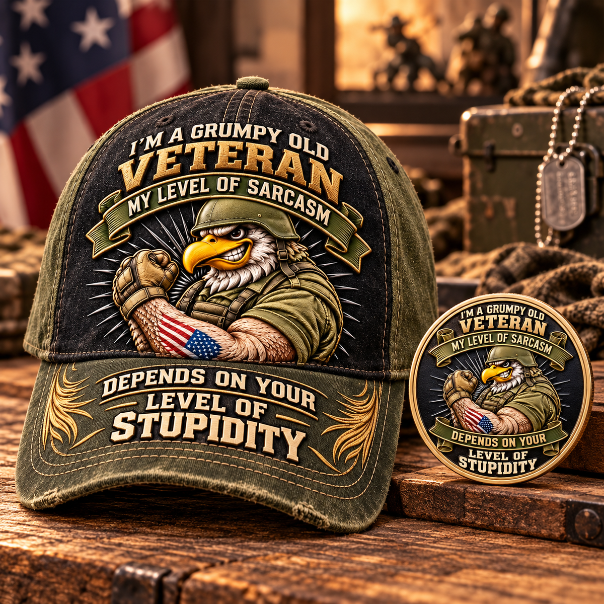 🇺🇸 Grumpy Old Veteran Eagle Cap 🦅 – FREE Commemorative Coin Included! 🎁