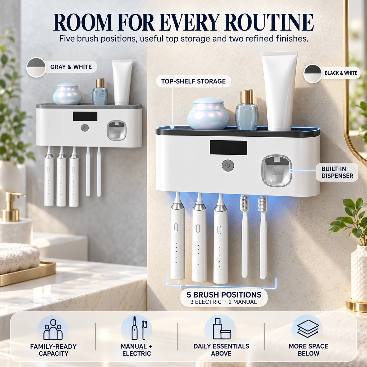 🪥 Light-Powered UV-C Toothbrush Sanitizer & Automatic Toothpaste Dispenser – 5-Brush No-Drill Wall Organizer